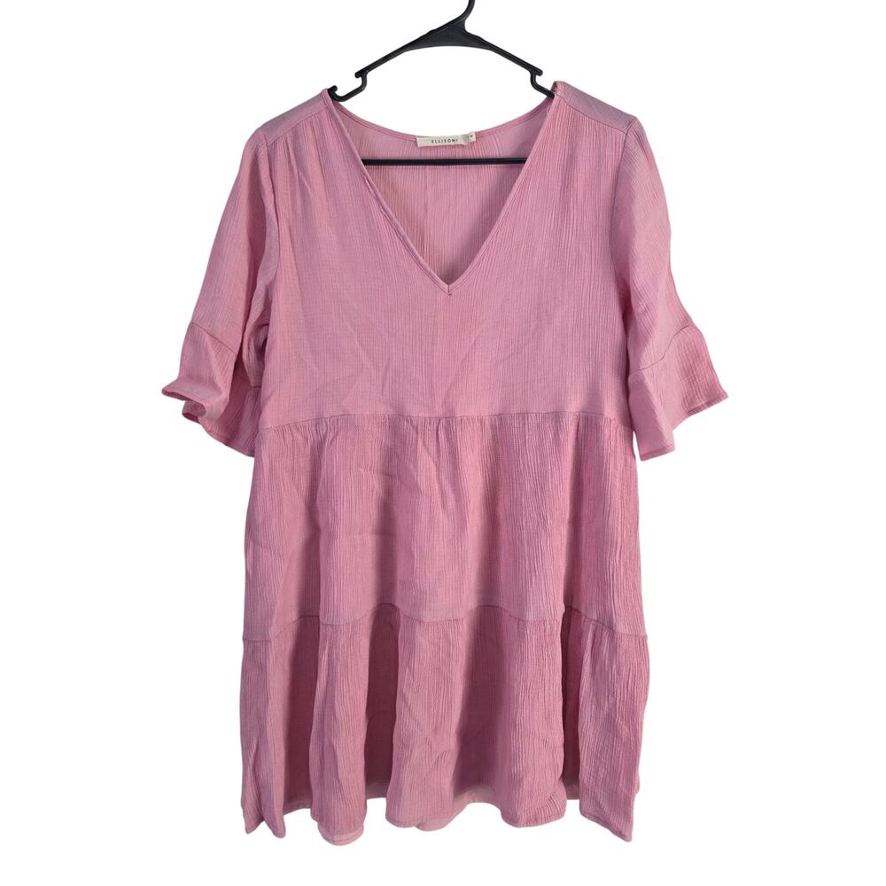 Ellison Tunic Top M Womens Coquette Pink Short Sleeve V Neck Pullover Crepe